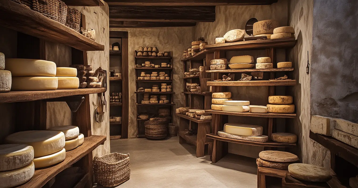  Shelves of aging goose cheese wheels in a traditional kitchen.