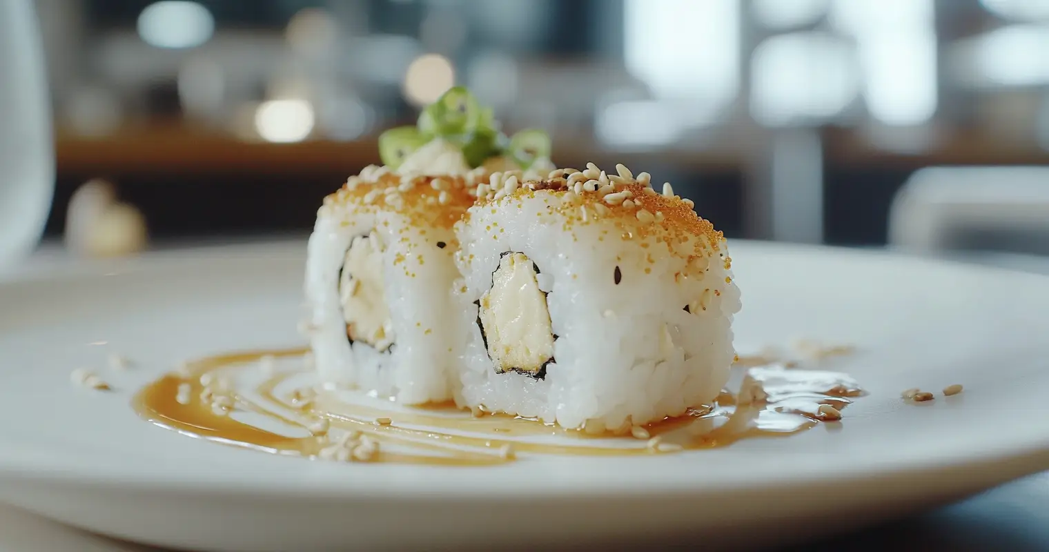 A beautifully plated Alaska Roll with salmon and avocado slices