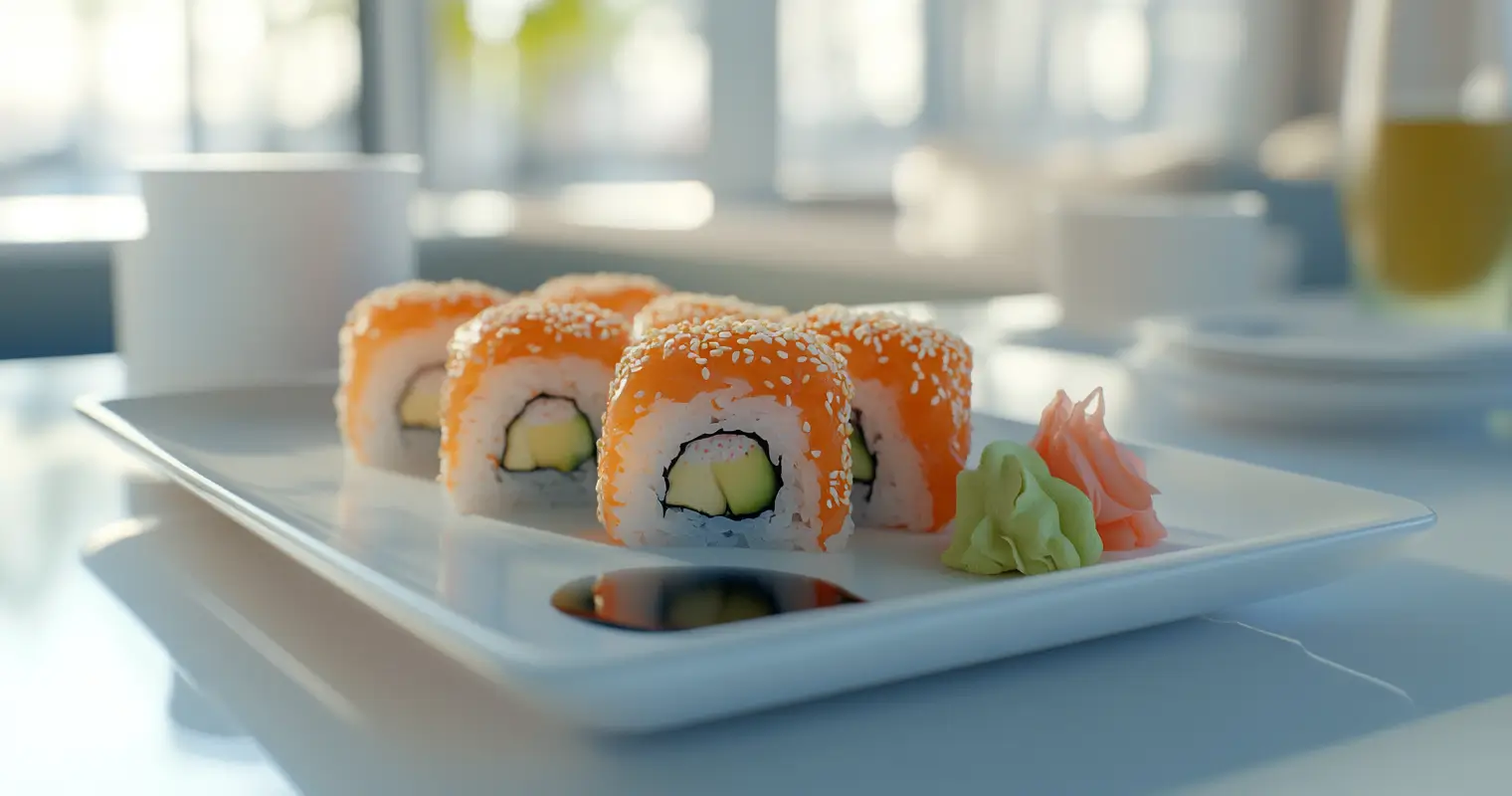 A sushi platter featuring Alaska Rolls alongside soy sauce and wasabi