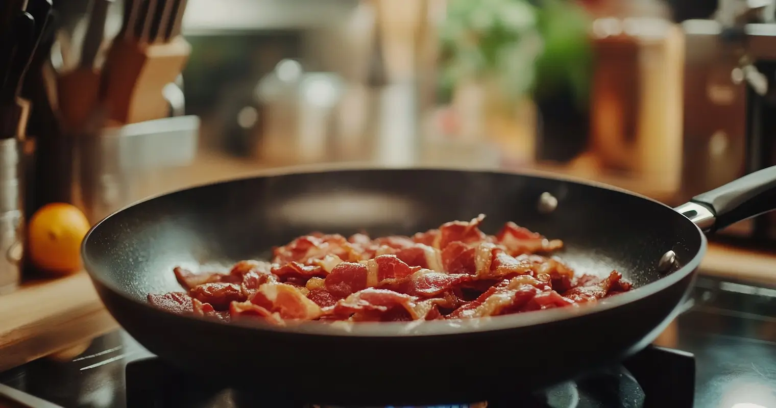 Crispy beef bacon in a skillet.