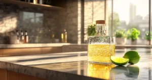 A glass bottle of homemade margarita mix with a lime wedge