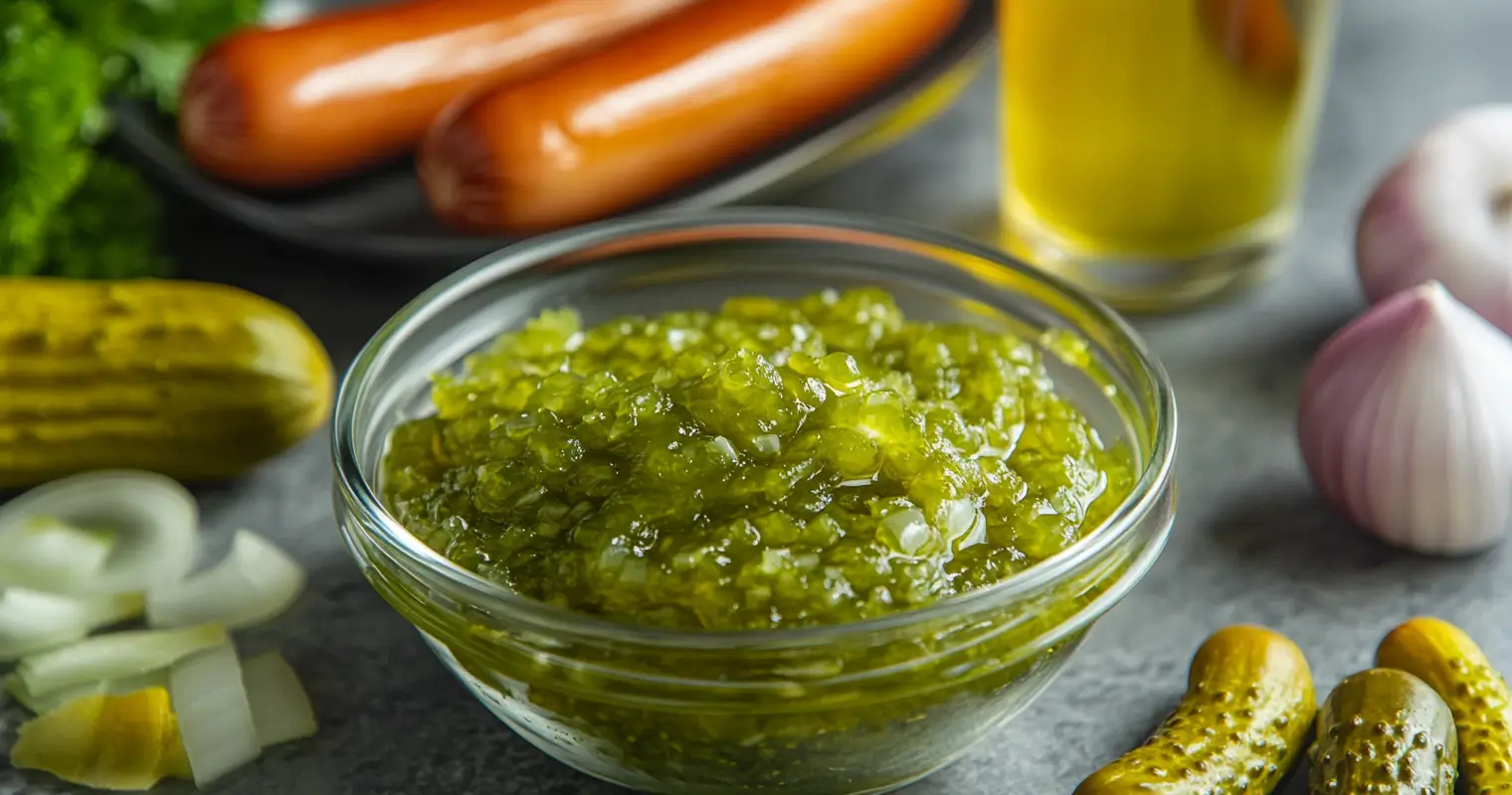 Neon green Chicago-style relish in a glass bowl on a sleek kitchen counter, surrounded by fresh hot dog ingredients