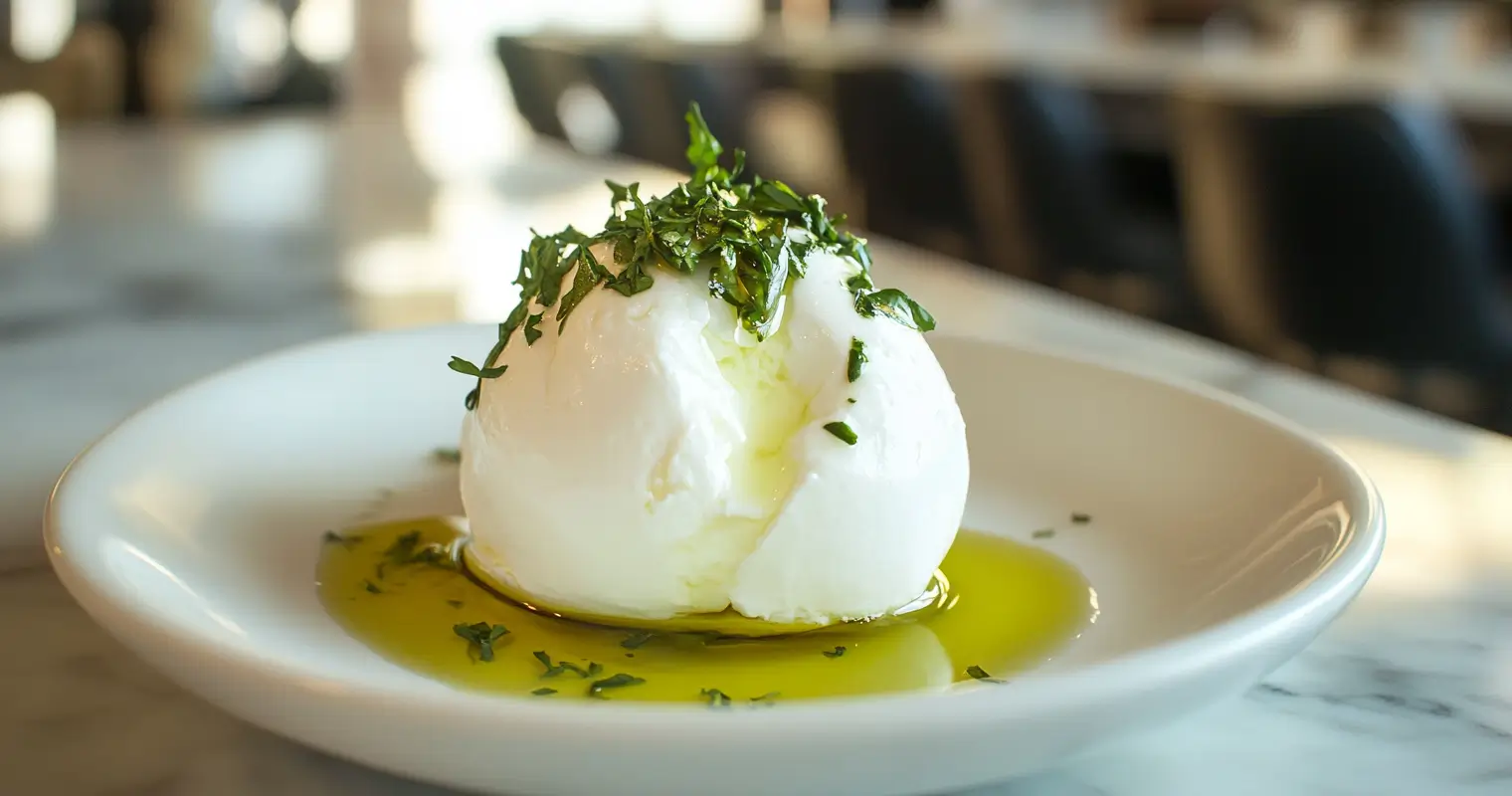 Fresh burrata cheese with olive oil and herbs on a modern kitchen counter