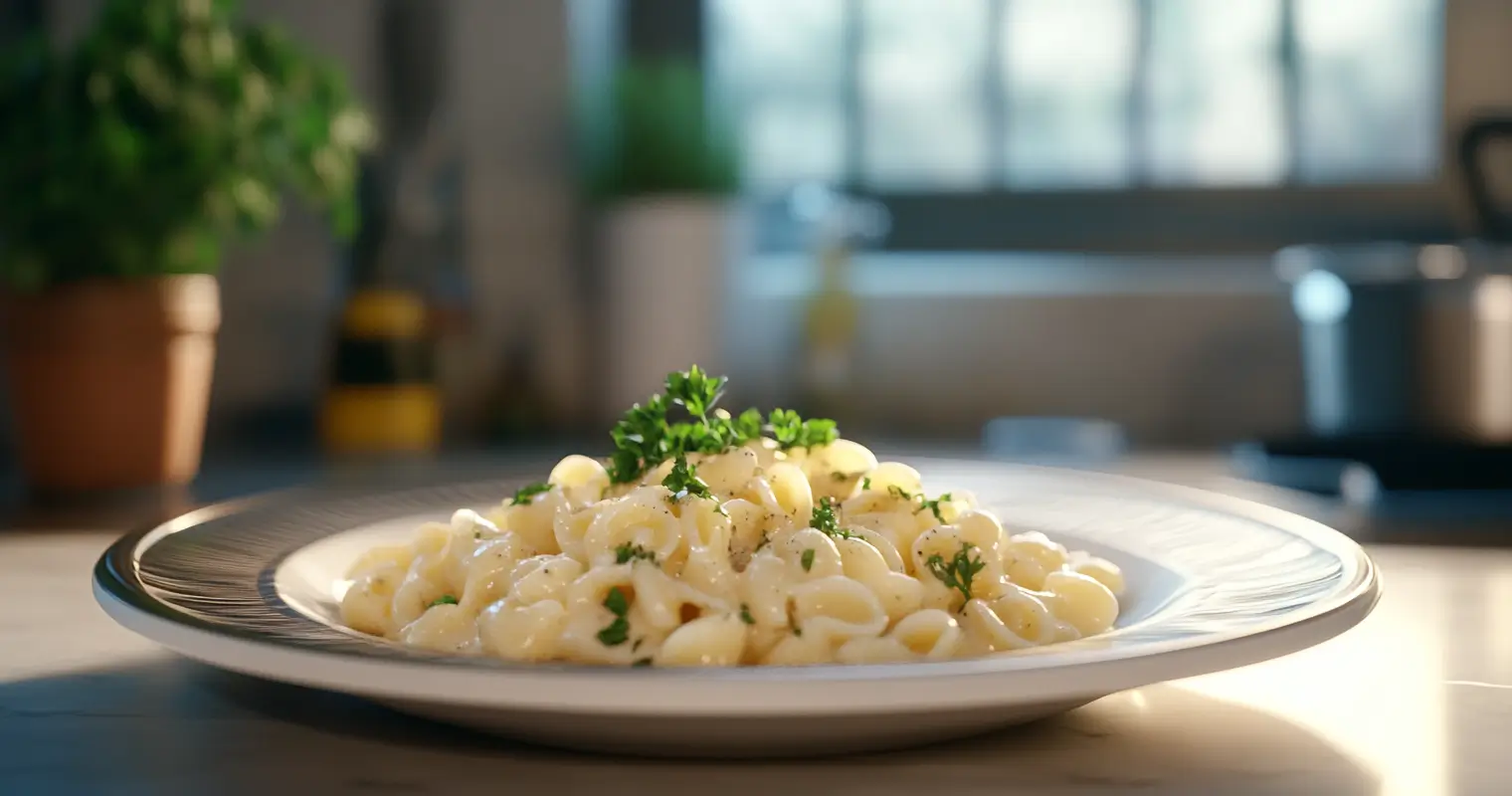 A bowl of cooked cavatappi pasta with creamy sauce