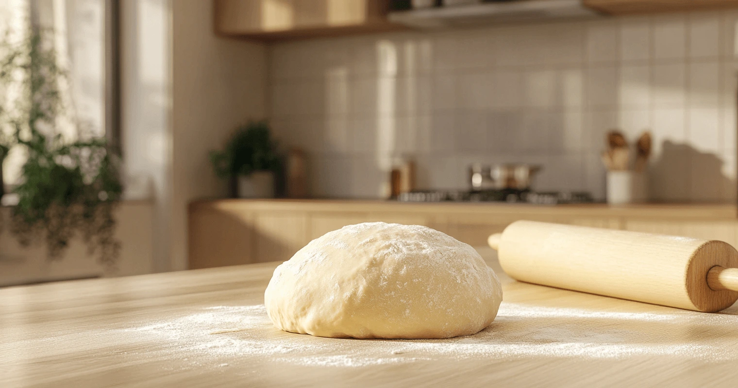 Smooth cavatelli dough on a wooden countertop in a modern kitchen with a rolling pin and flour.