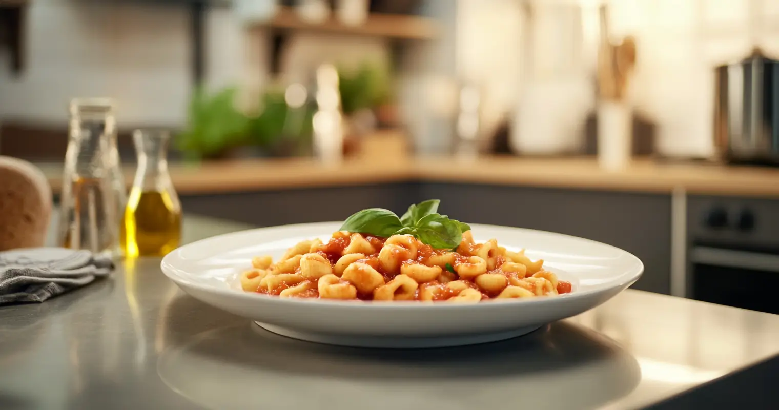 A plate of freshly prepared Cavatelli pasta with basilico sauce