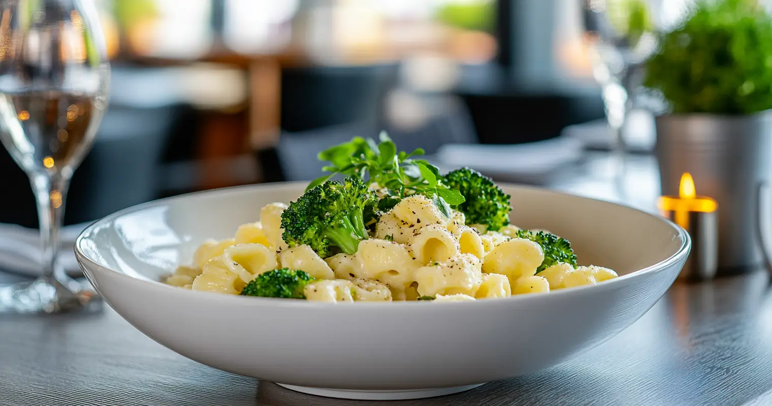 A bowl of Cavatelli pasta with sautéed broccoli and garlic