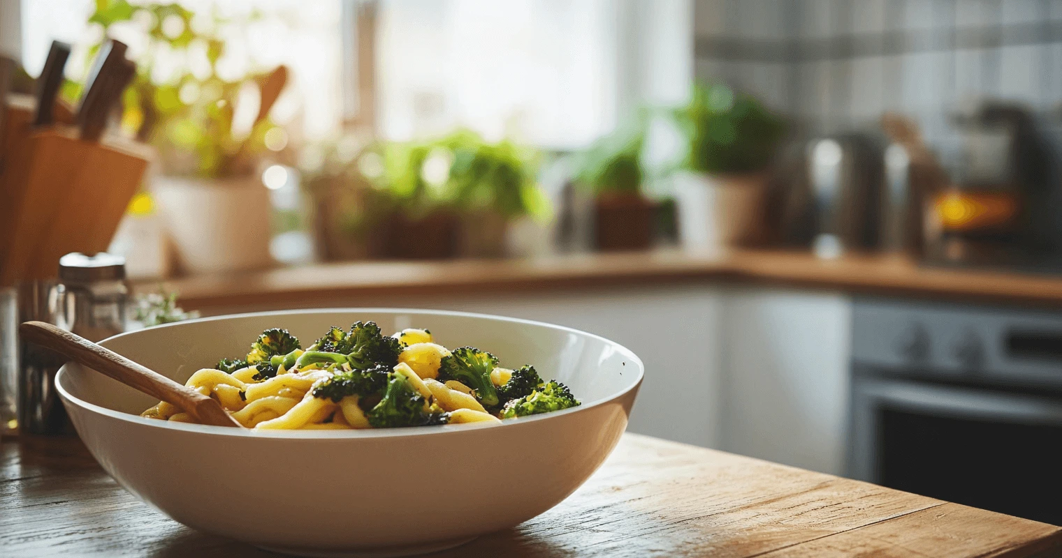 Cavatelli pasta served with sautéed broccoli rabe and garlic in a deep dish