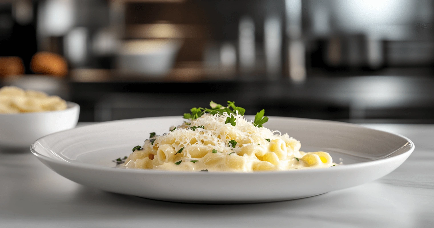 Cavatelli in a creamy Alfredo sauce with parmesan and parsley on a white plate