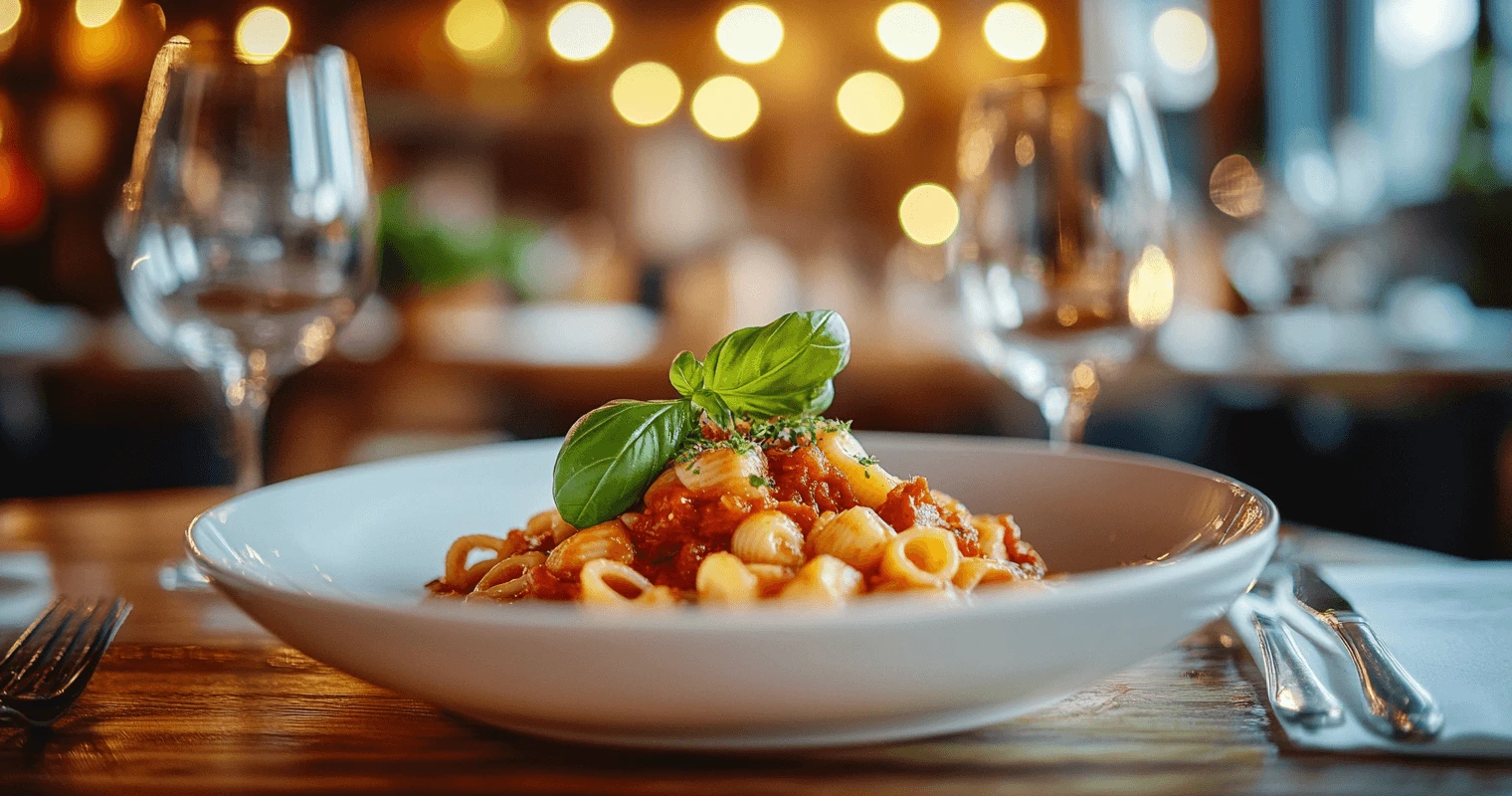 Cavatelli pasta cooked in rich tomato sauce garnished with fresh basil in a rustic ceramic plate.