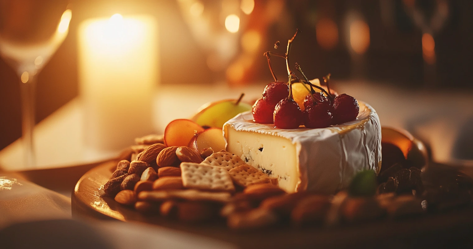 Cheese board with Brie and fresh fruits