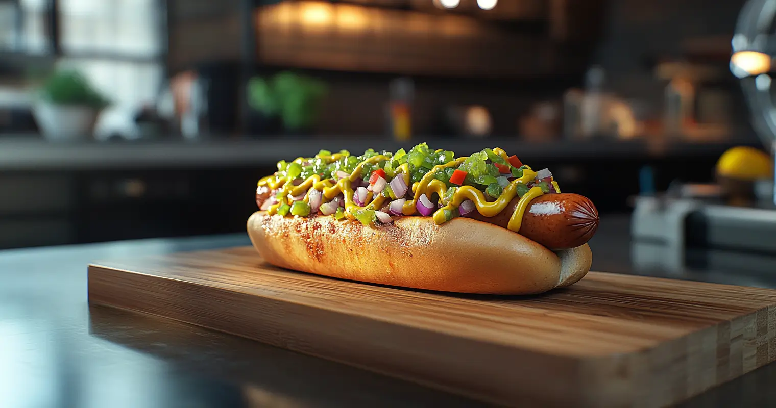 Chicago-style hot dog topped with neon green relish and traditional toppings on a wooden cutting board