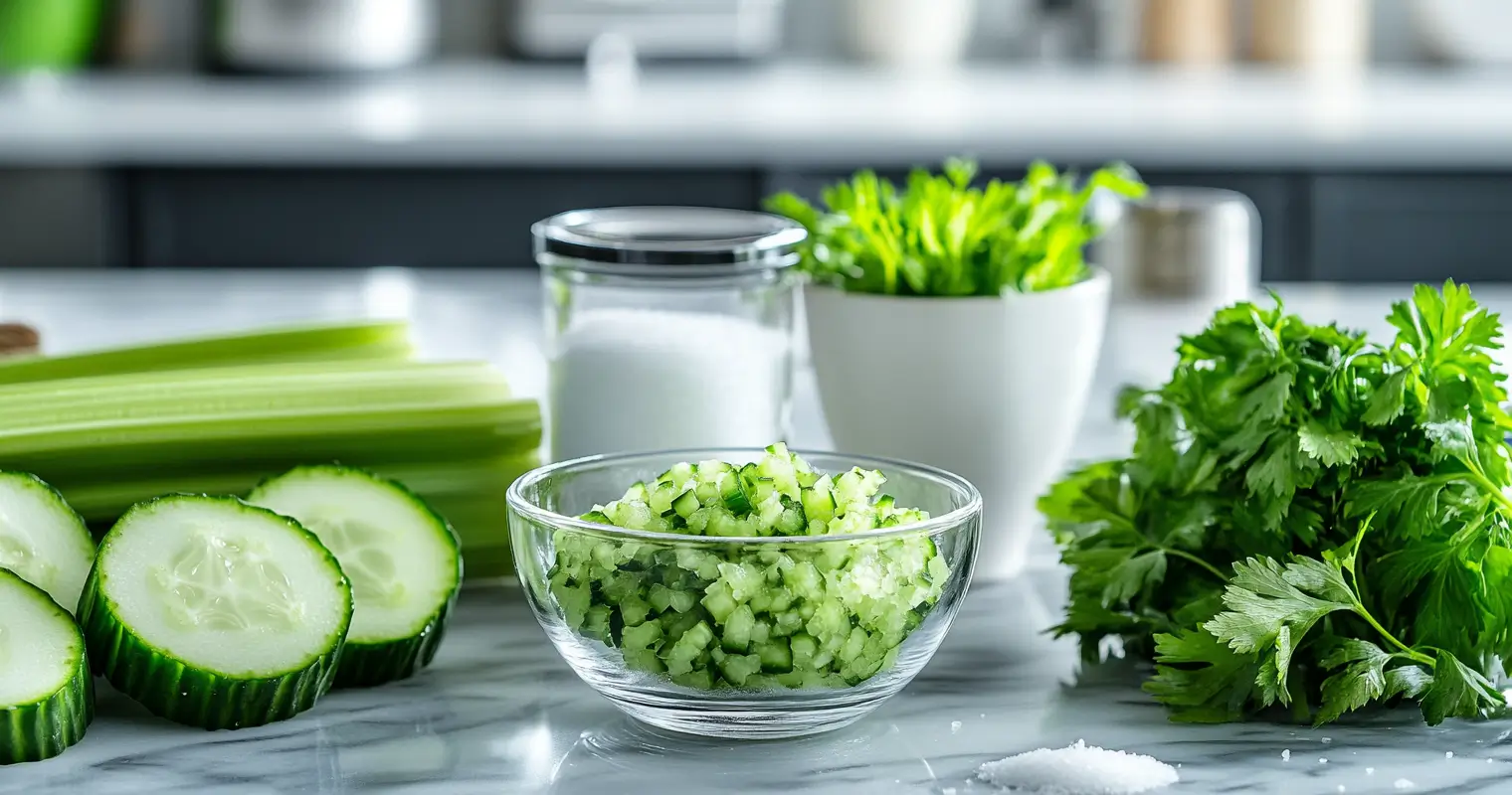 Ingredients for Chicago-style relish, including cucumbers, green food coloring, and celery salt, displayed