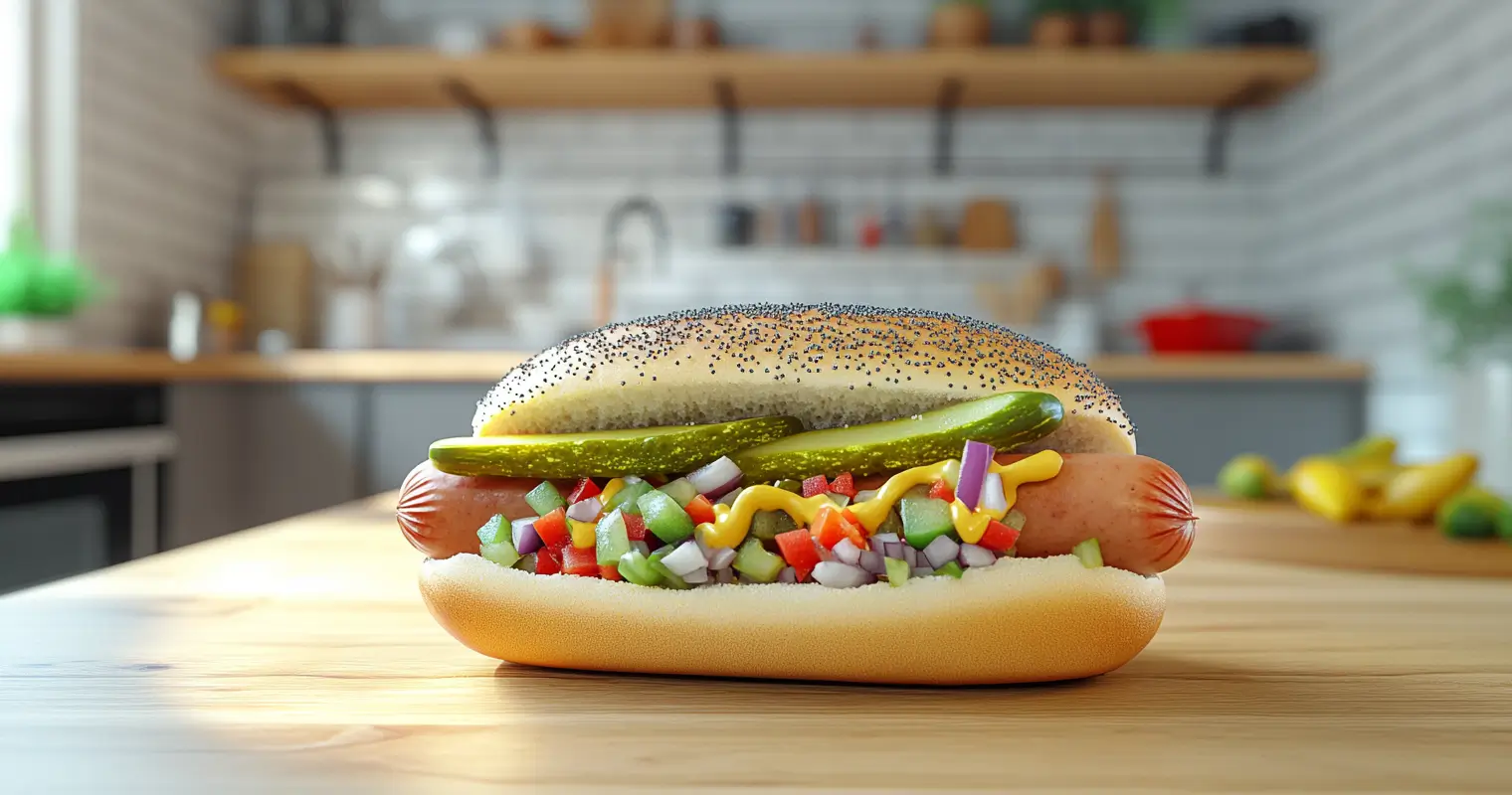 A Chicago-style hot dog with traditional toppings presented