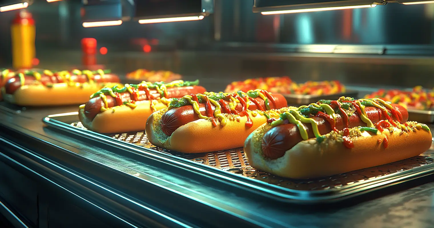 Three Chicago-style hot dogs topped with neon green relish and traditional toppings on a shiny metal tray