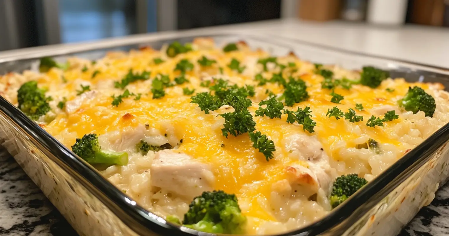 Chicken broccoli rice casserole in a modern kitchen with golden cheese topping