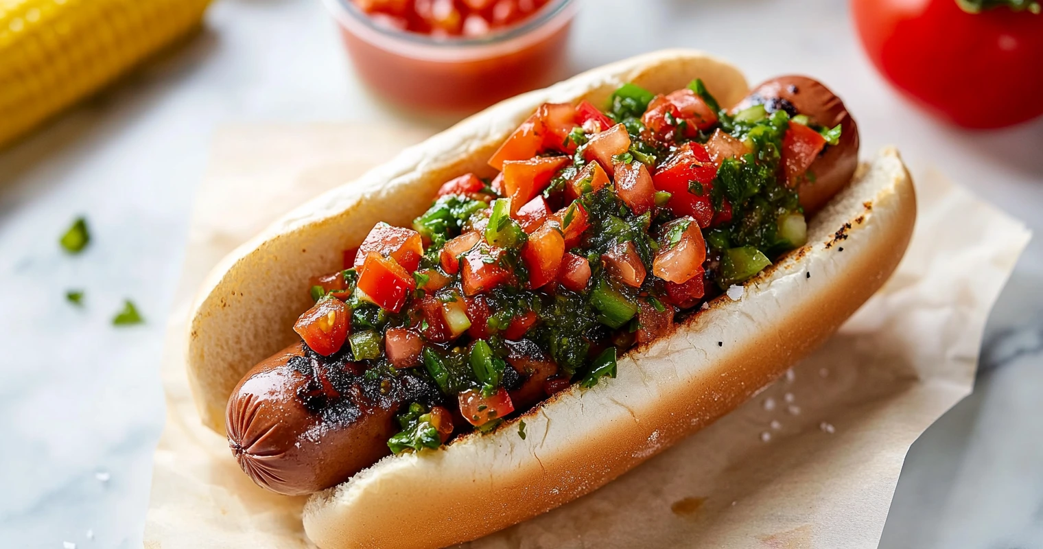 A vibrant Chicago-style hot dog with neon-green relish.