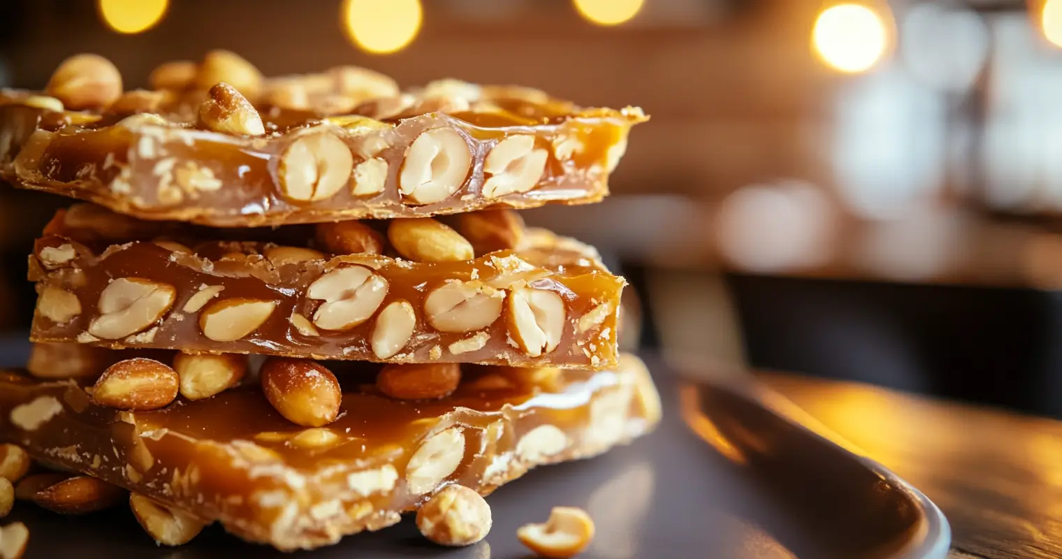 Close-up of golden peanut brittle stacked with roasted peanuts and caramel.