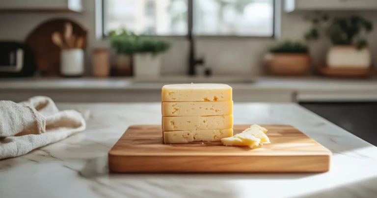 Colby Jack cheese slices on a wooden board in a bright kitchen setting