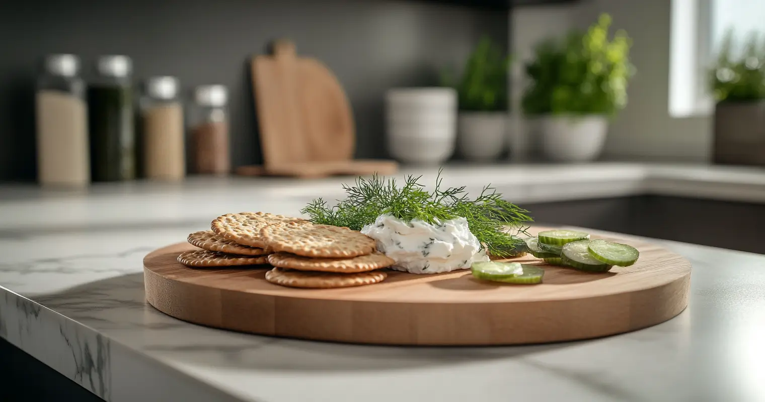 Cornichons on crackers with cream cheese on a wooden platter