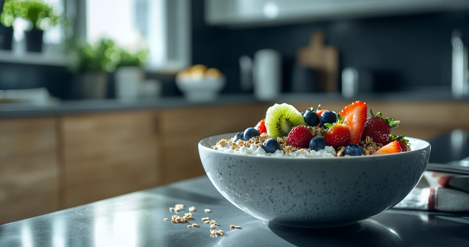 Colorful cottage cheese breakfast bowl topped with fruits and granola.