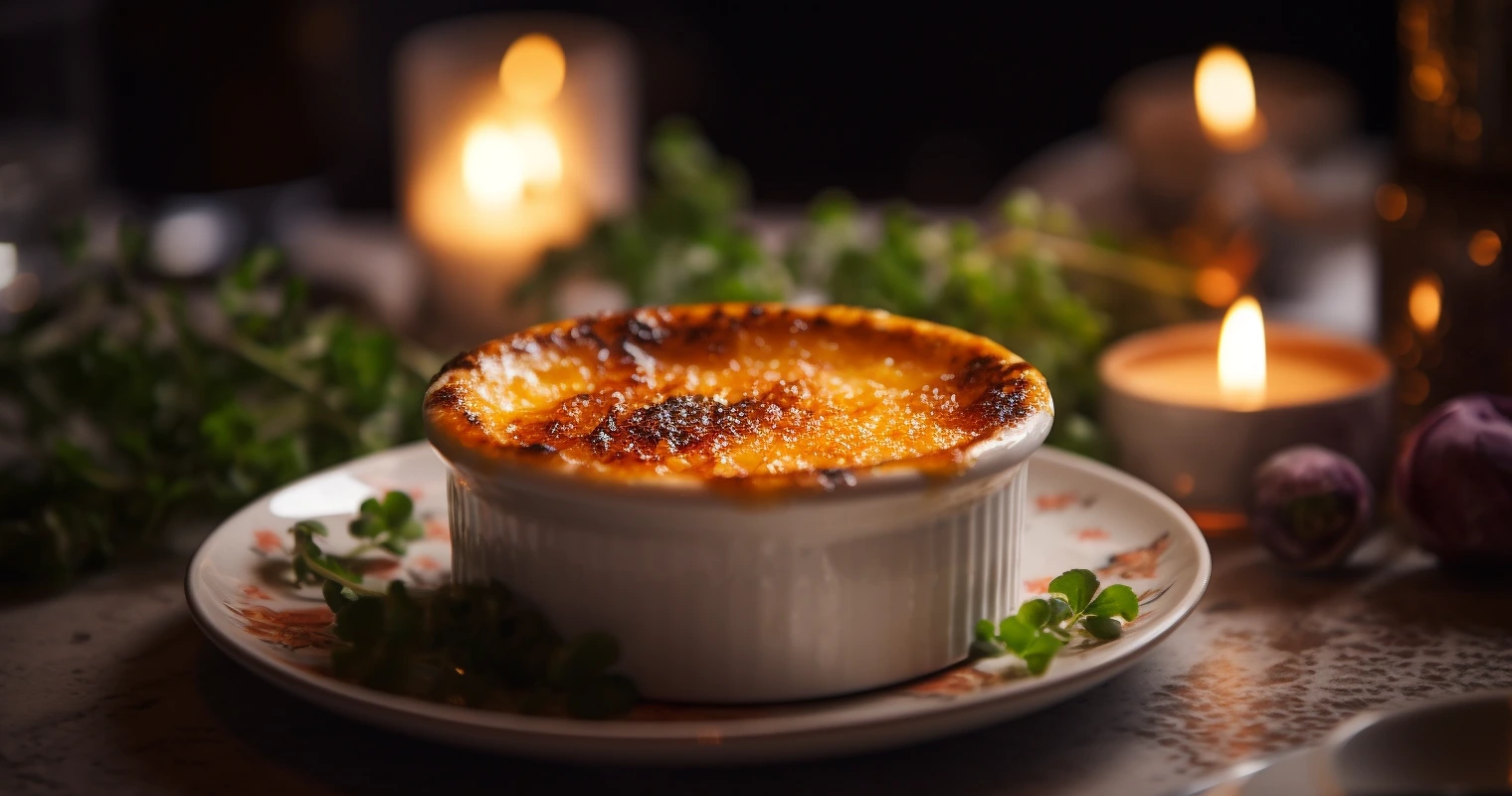 A luxurious serving of Crab Brûlée with a caramelized top on a white plate, garnished with fresh herbs.