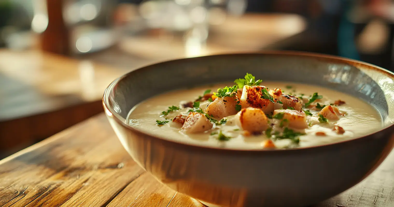 Creamy sunchoke soup garnished with parsley in a fine-dining restaurant.