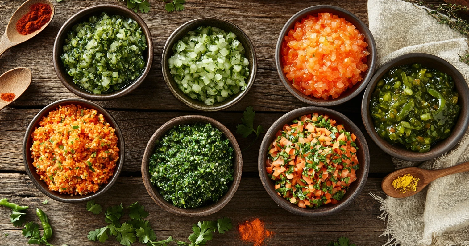 Bowls of different relish variations, including spicy and herb-infused.