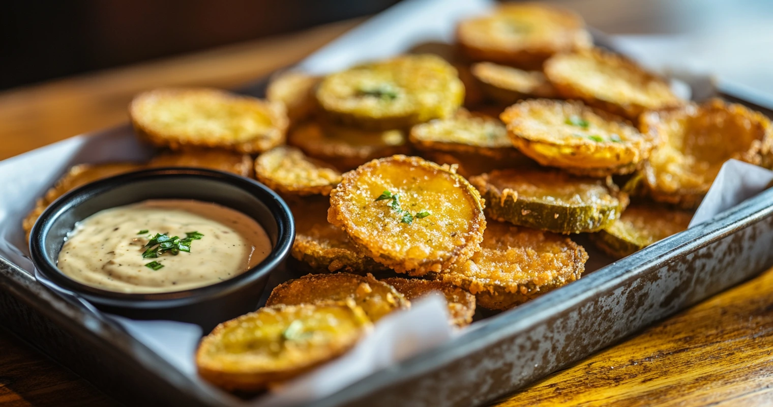 A serving tray with crispy pickle chips and a side of dipping sauce.