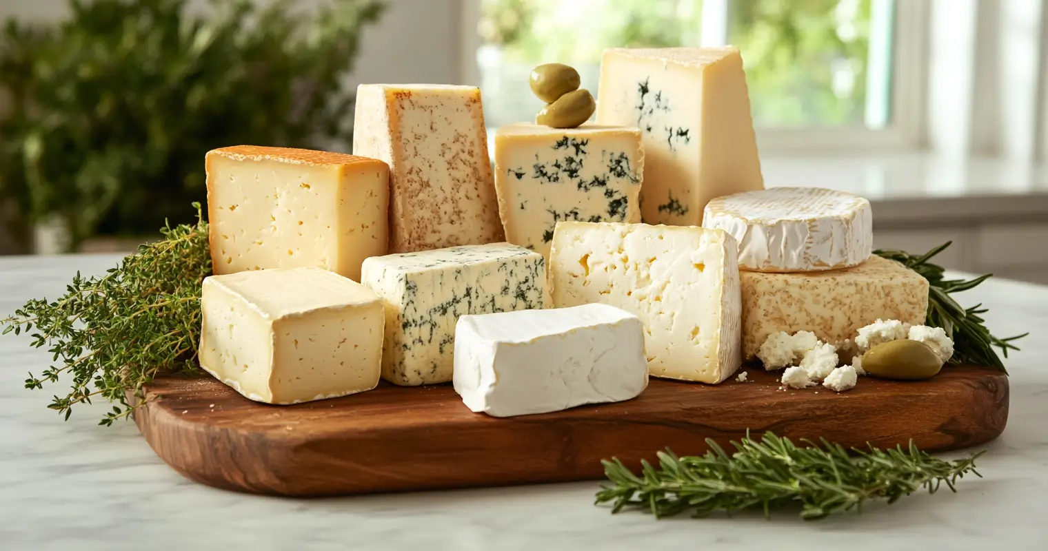 A variety of feta cheese types, including creamy and crumbly blocks, displayed on a wooden board