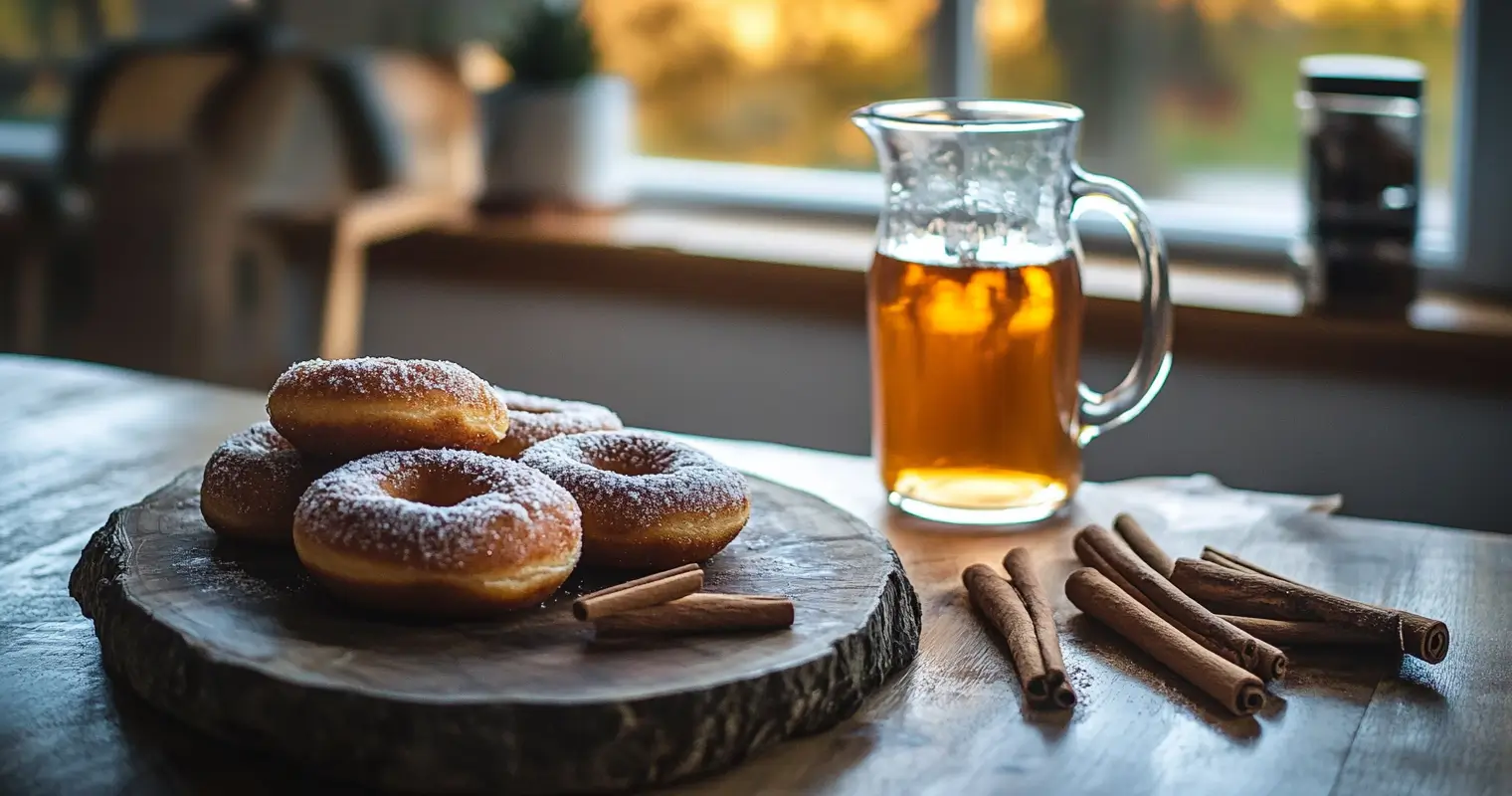 Freshly made apple cider donuts on a rustic wooden platter with cinnamon sticks.