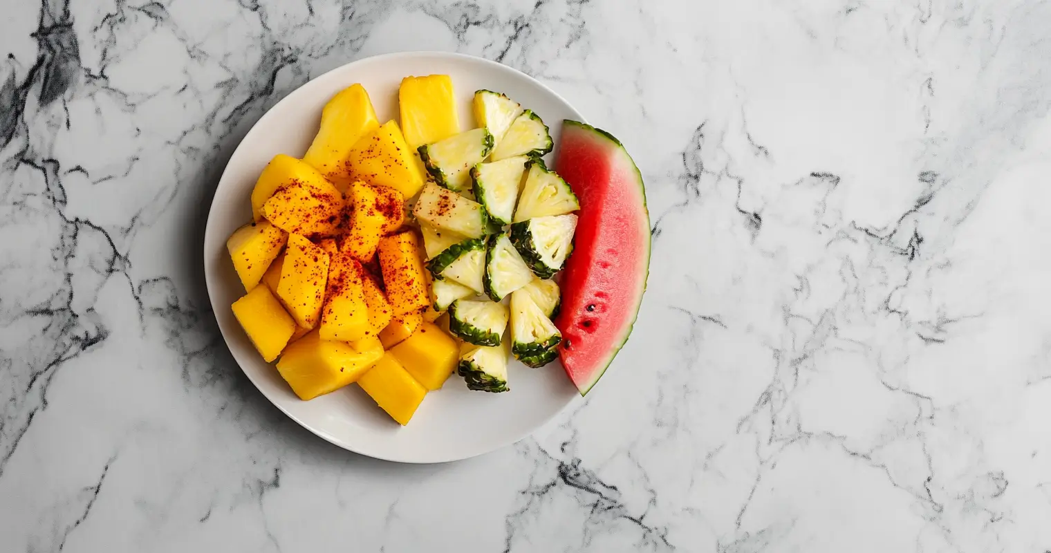 Platter of exotic fruits dusted with Tajín powder.