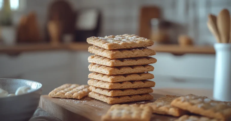 Fresh homemade graham crackers stacked on a wooden board in a modern kitchen.