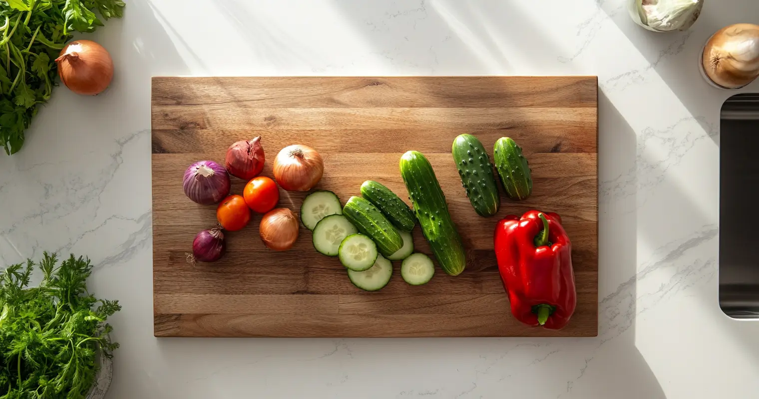 Fresh cucumbers, bell peppers, and onions arranged on a cutting board