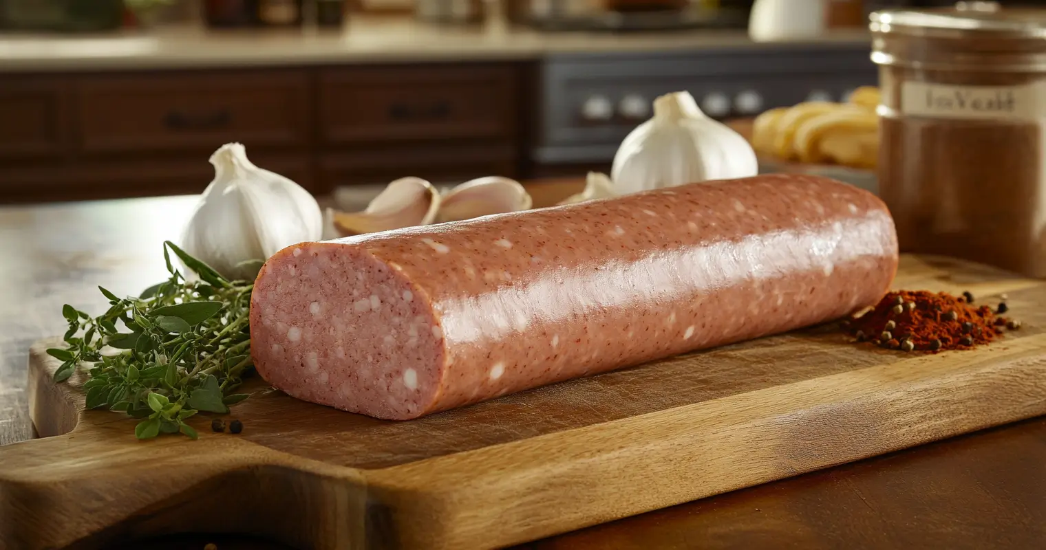 freshly made kielbasa sausages arranged neatly on a marble counter