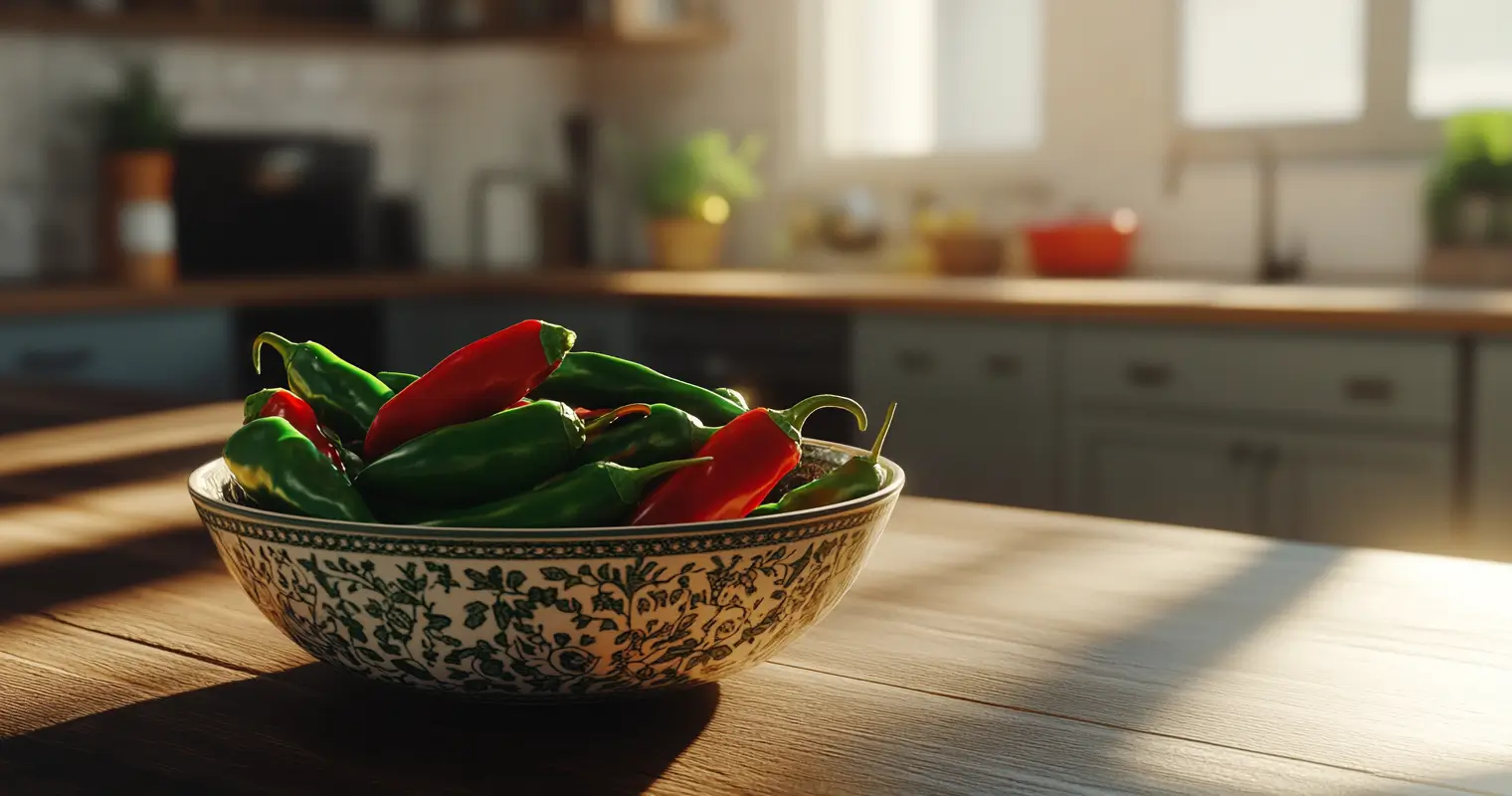 Fresh green and red Serrano peppers in a ceramic bowl