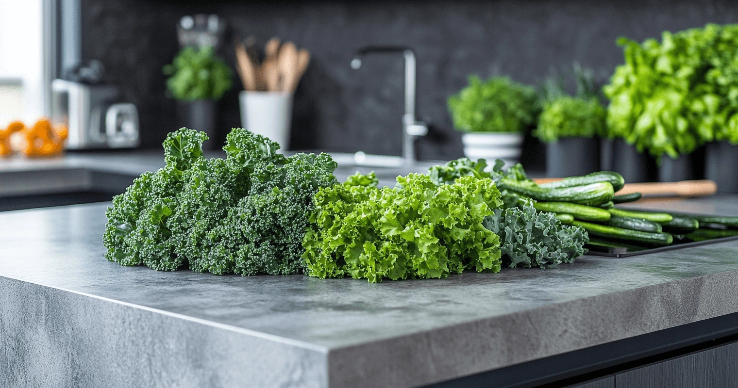 Fresh sweet greens on a kitchen countertop with vibrant lighting