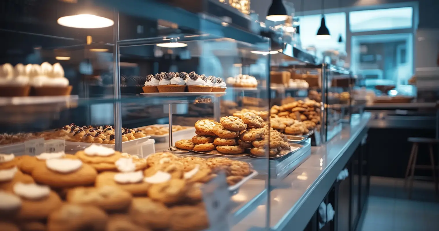 Freshly baked cookies and a decorated cookie cake at a modern bakery