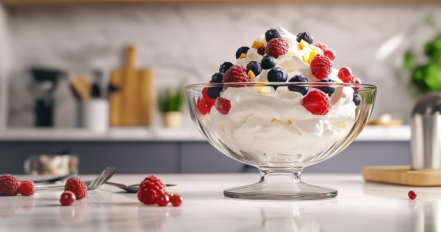 Fresh berries and whipped cream dessert on a clean kitchen table with utensils in the background.