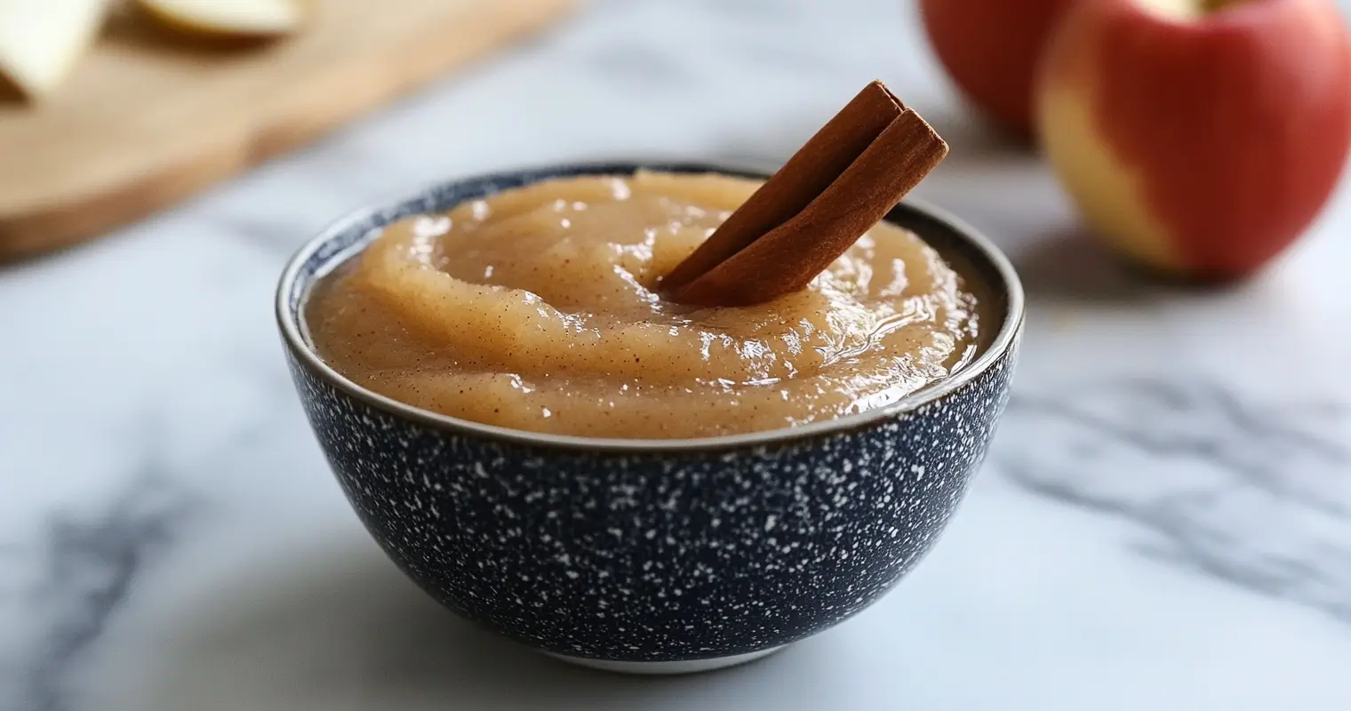 A bowl of freshly made cinnamon applesauce garnished with a cinnamon stick.