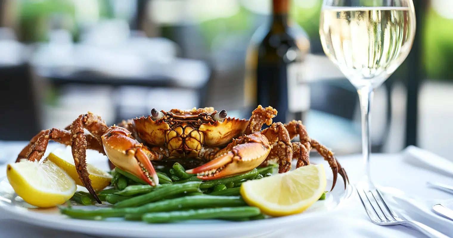 Fried soft shell crab served with green beans and lemon wedges in a modern restaurant.