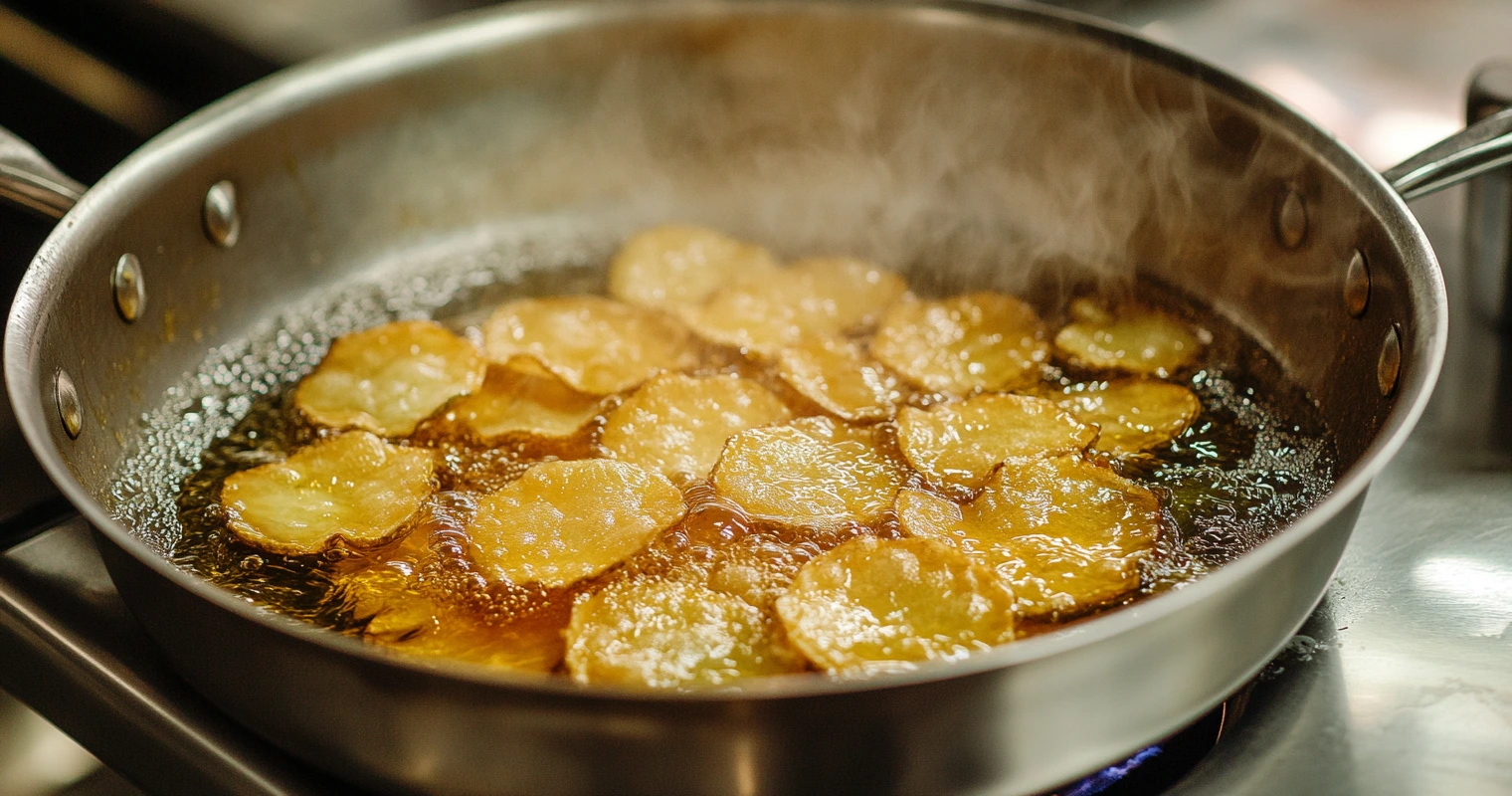 Golden pickle chips frying in a skillet with oil bubbling around them