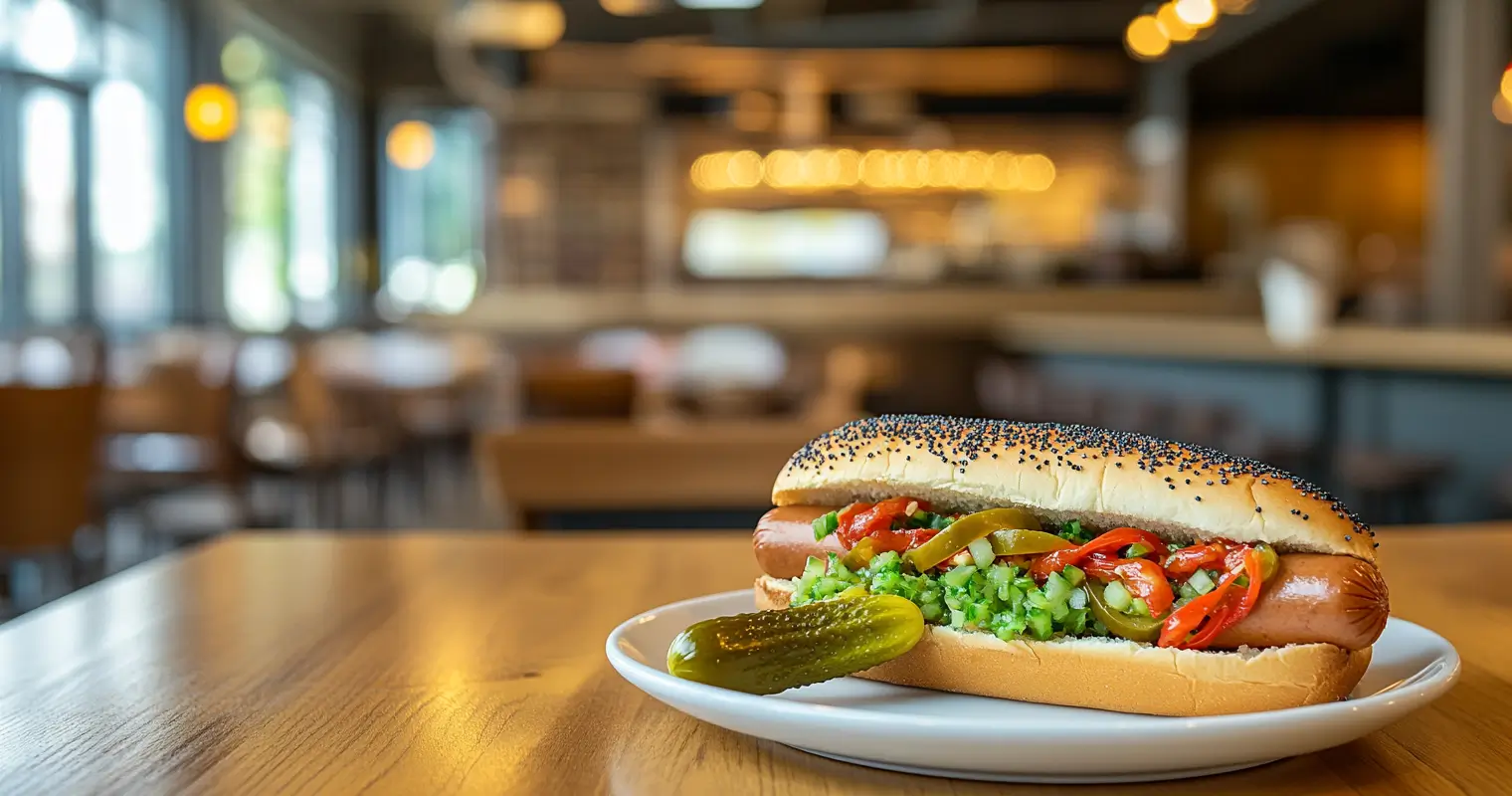 A fully loaded Chicago-style hot dog served on a plate