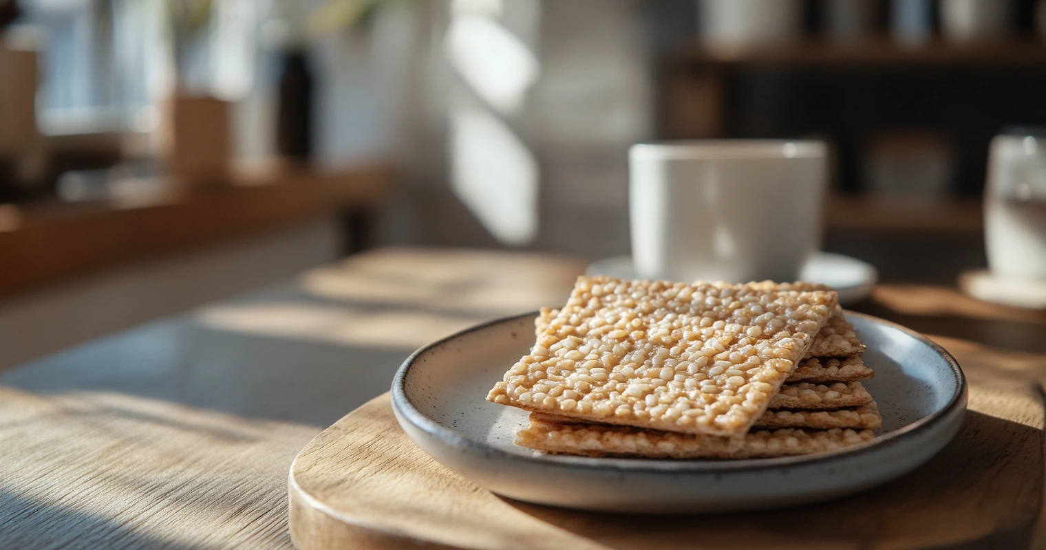 A gluten-free rice cracker package on a wooden table.