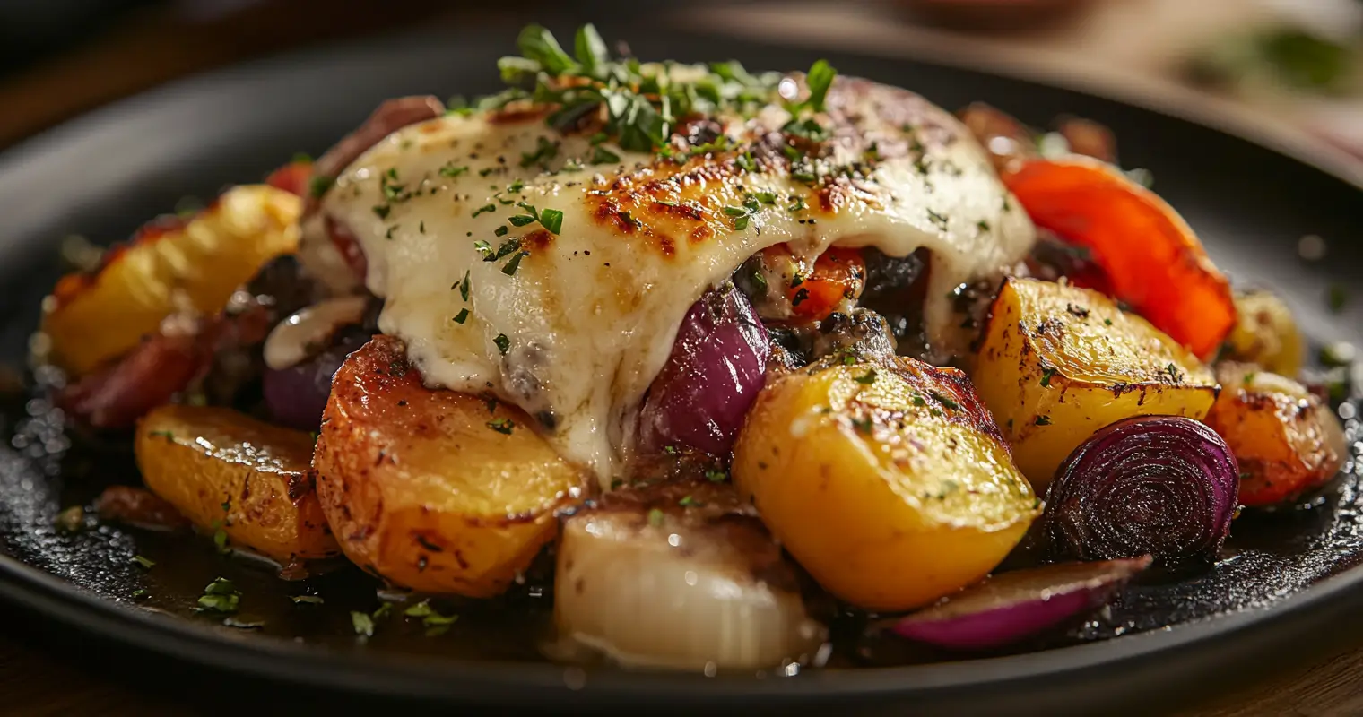 A gourmet dish featuring roasted vegetables topped with melted goose cheese in a restaurant kitchen