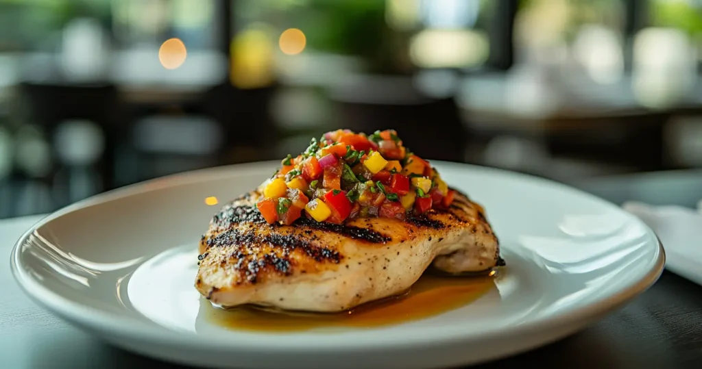 A plate of grilled chicken topped with healthy relish served in a modern restaurant setting.