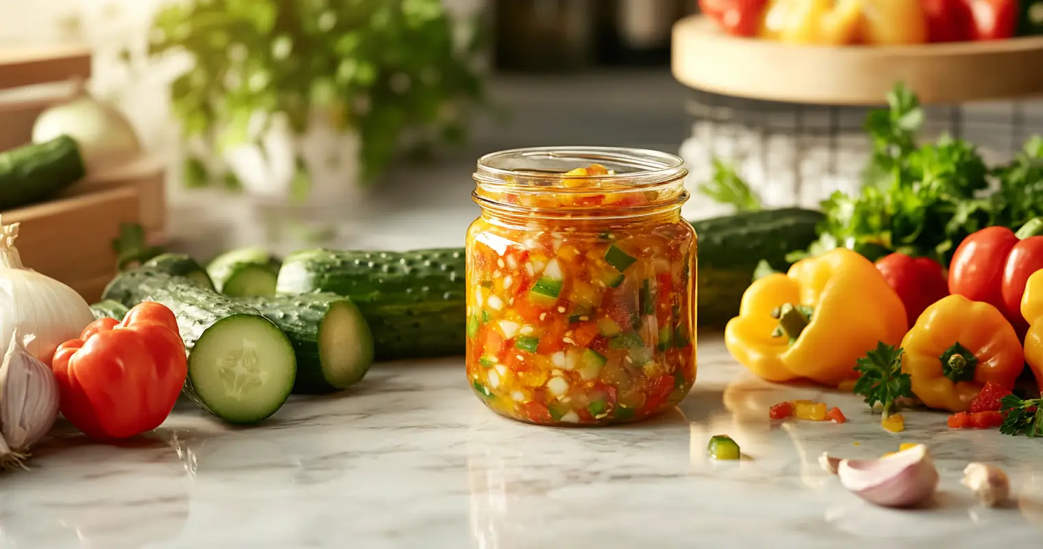 A jar of homemade healthy relish with fresh vegetables on a marble countertop in a modern kitchen.