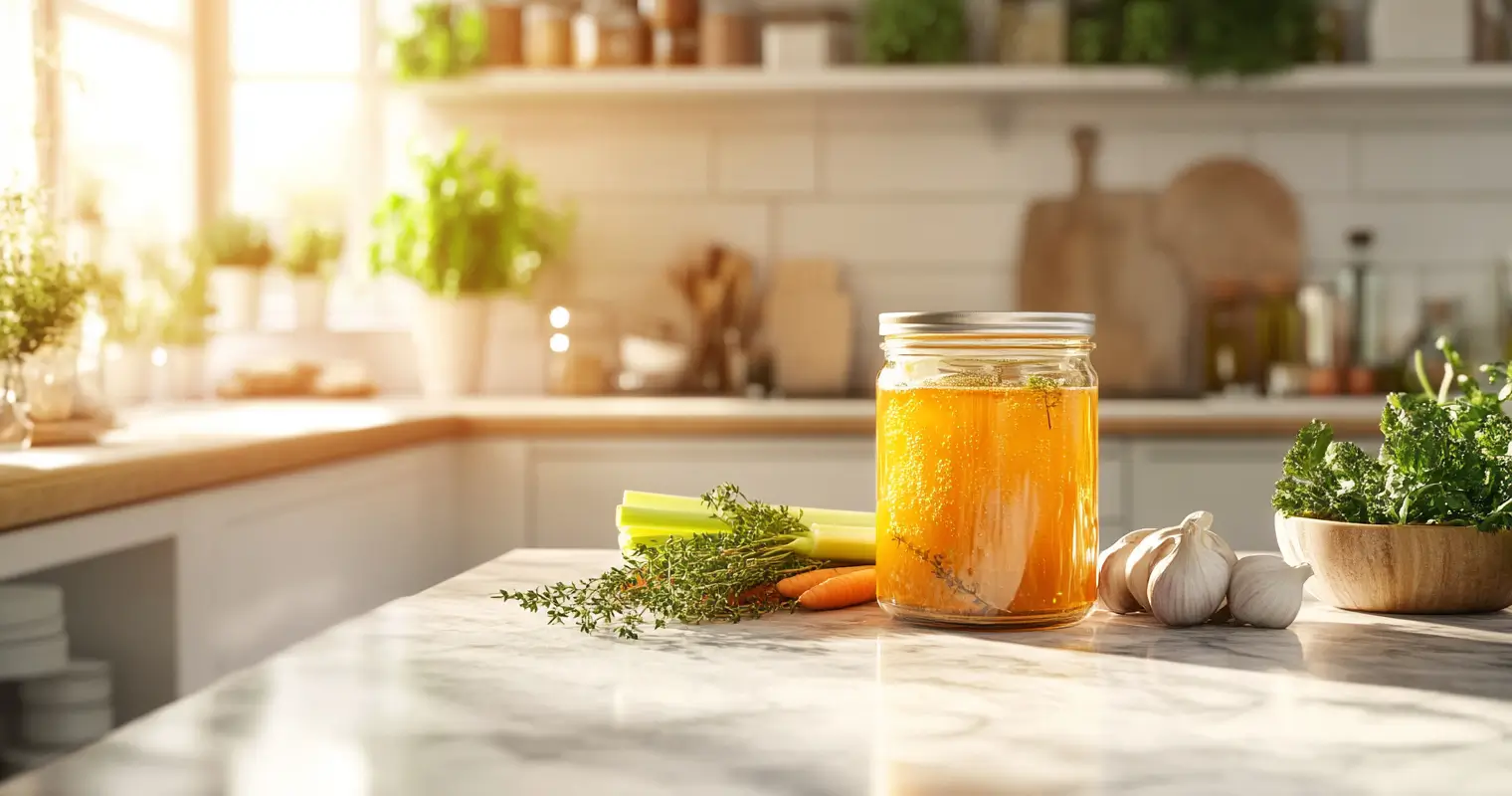 Homemade chicken bouillon in a jar with fresh ingredients on a modern kitchen counter