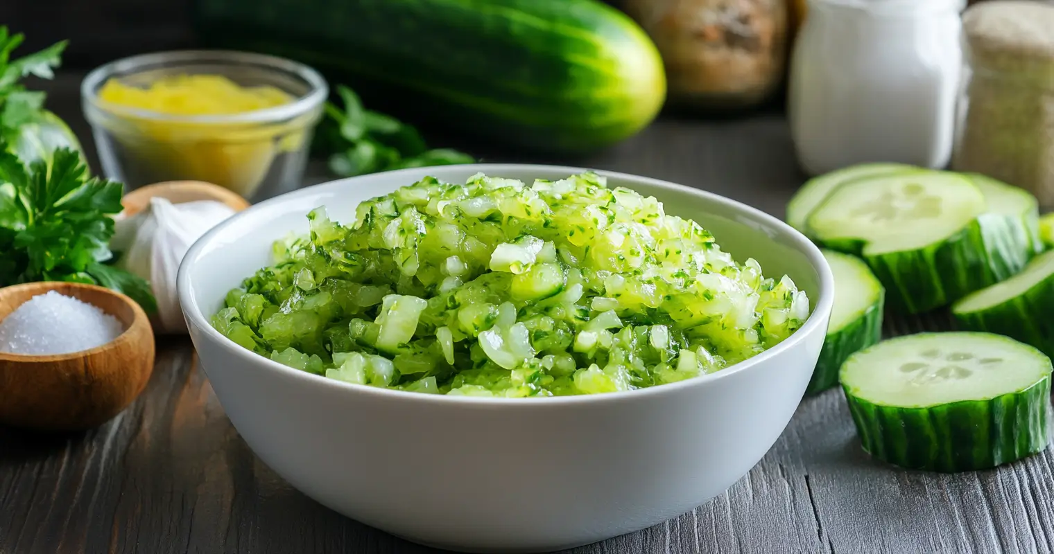 Freshly made neon green relish in a white bowl