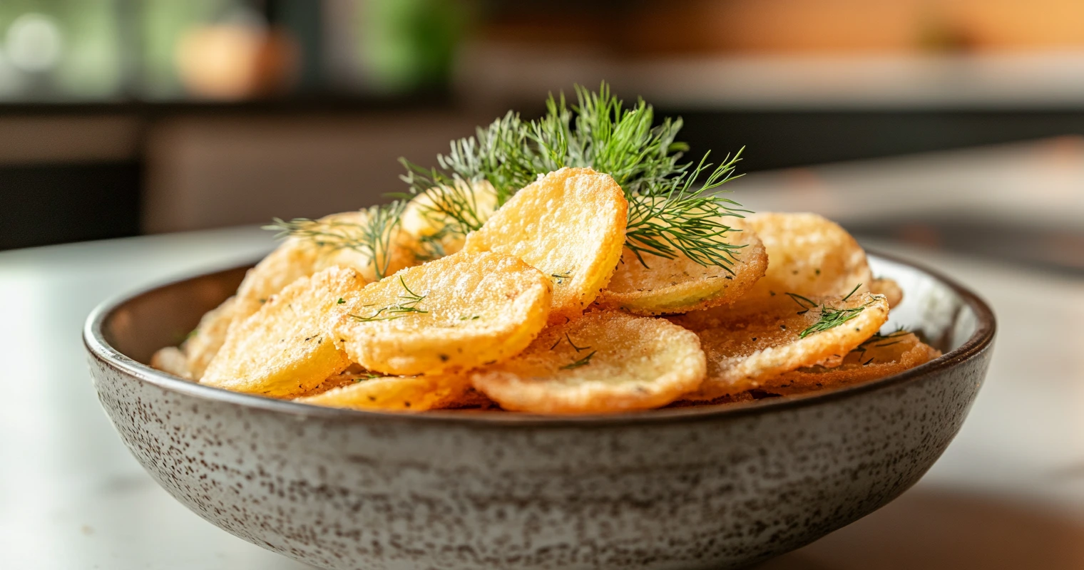 A bowl of crispy homemade pickle chips served on a wooden kitchen counter